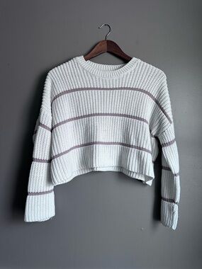 Moon & Madison Women’s Cropped Striped Knit Sweater – Size Small | Cream & Tan